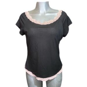 Y2K Black Pink Lace Trim Lightweight Top Coquette Fitted Stretch Fairy-Goth L/XL